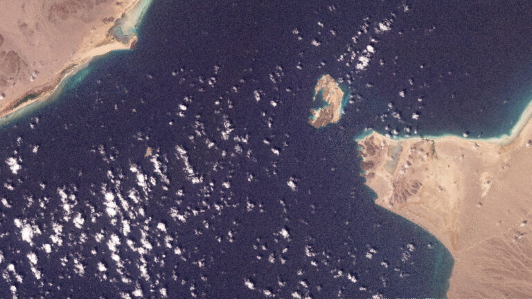 A satellite image shows Bab al-Mandab Strait off the coast of Yemen