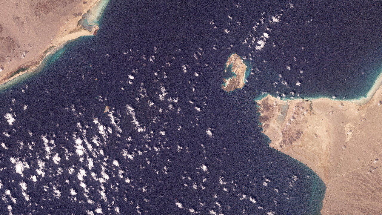 A satellite image shows Bab al-Mandab Strait off the coast of Yemen